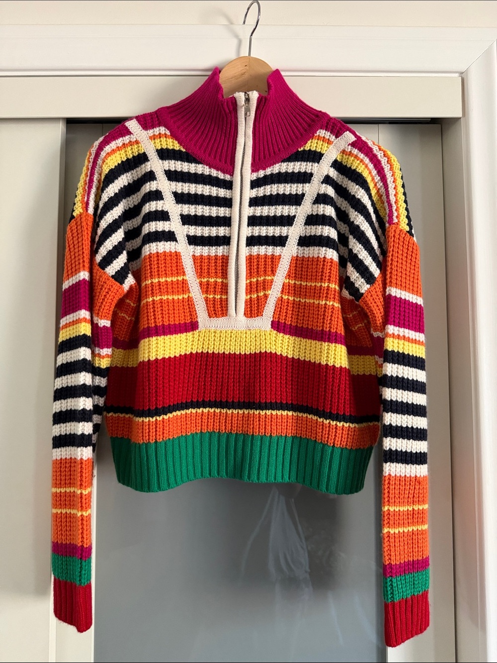 Cropped Multicolor Striped Half-Zip Turtleneck Sweater